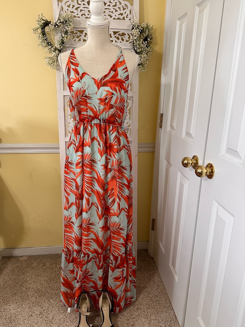 H&M spaghetti, strap Aqua  and Orange Tropical Print Maxi Dress